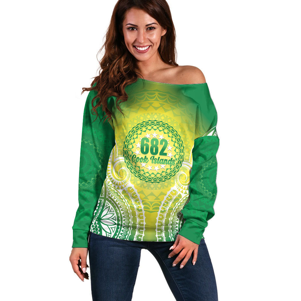 Cook Islands 682 Off Shoulder Sweater Kuki 'Airani Area Code Proud LT14 Women Green - Polynesian Pride