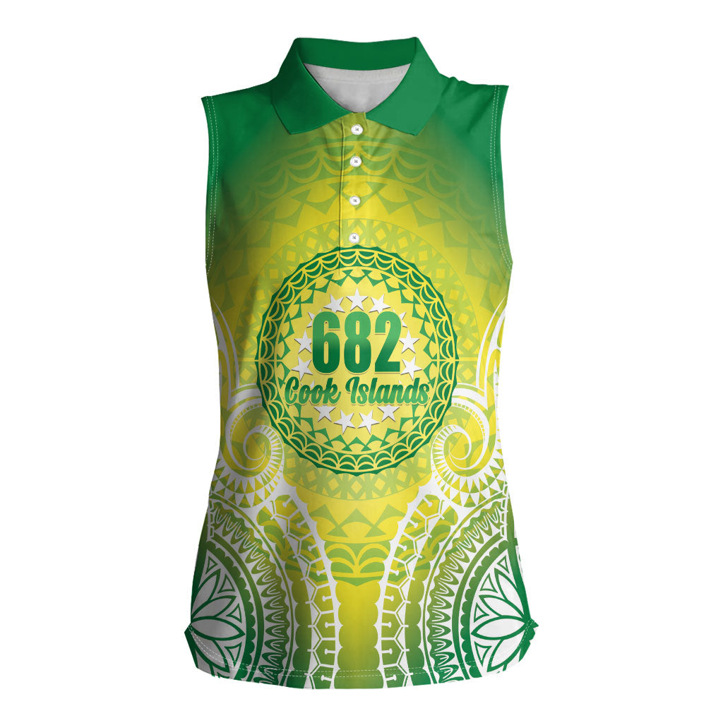 Cook Islands 682 Women Sleeveless Polo Shirt Kuki 'Airani Area Code Proud LT14 Female Green - Polynesian Pride