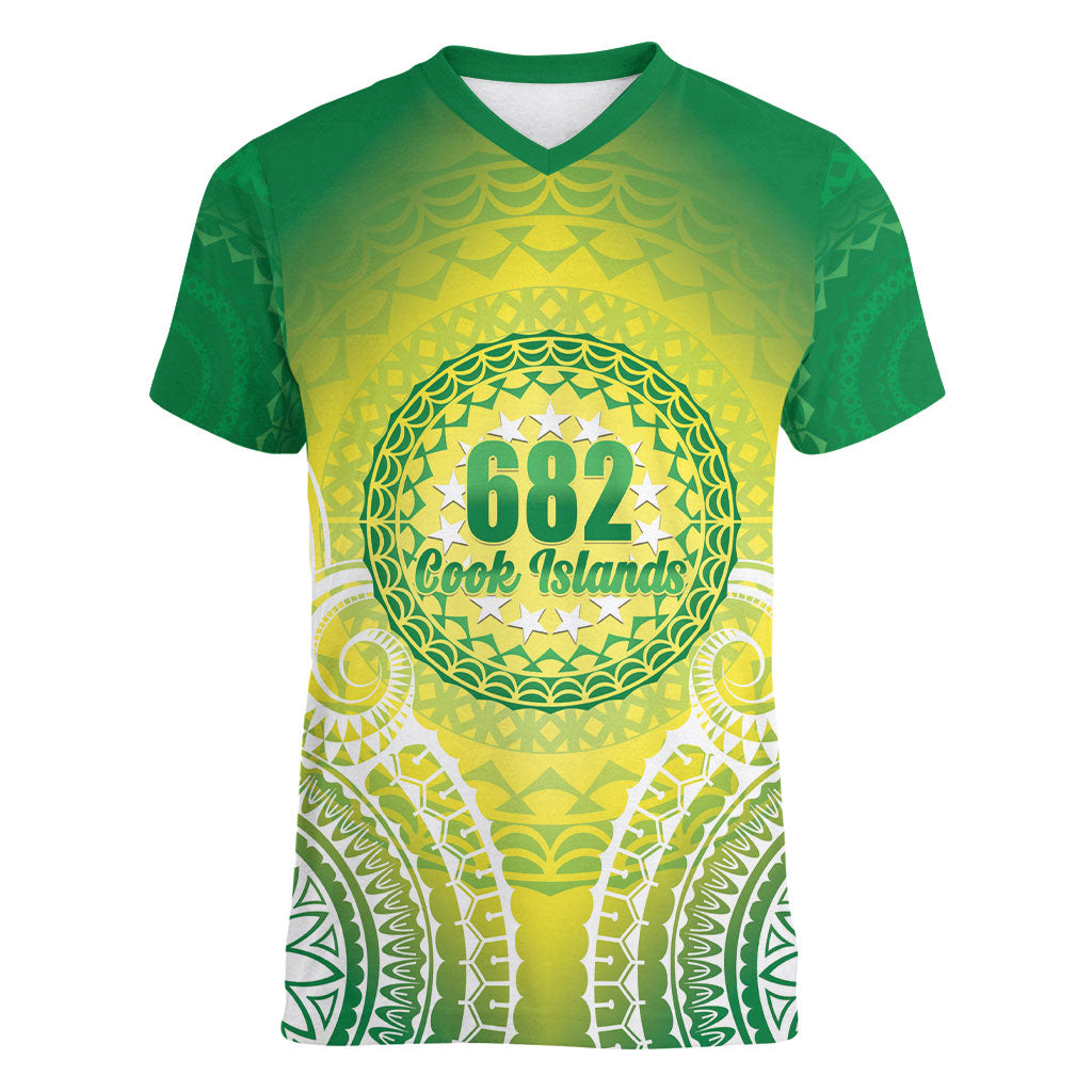 Cook Islands 682 Women V-Neck T-Shirt Kuki 'Airani Area Code Proud LT14 Female Green - Polynesian Pride