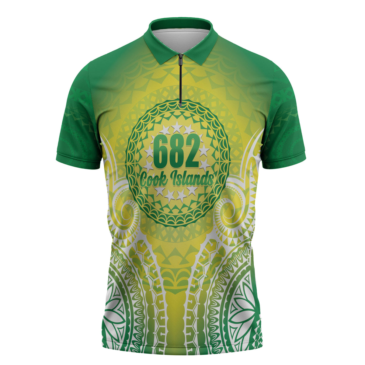 Cook Islands 682 Zipper Polo Shirt Kuki 'Airani Area Code Proud LT14 Green - Polynesian Pride
