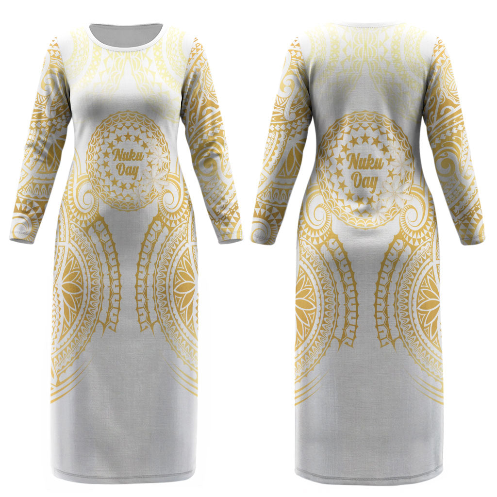 Cook Islands Gospel Day Couples Matching Long Sleeve Bodycon Dress and Hawaiian Shirt Happy Nuku Day Tiare Maori Gold LT14 - Polynesian Pride