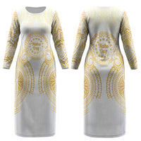 Cook Islands Gospel Day Couples Matching Long Sleeve Bodycon Dress and Hawaiian Shirt Happy Nuku Day Tiare Maori Gold LT14 - Polynesian Pride