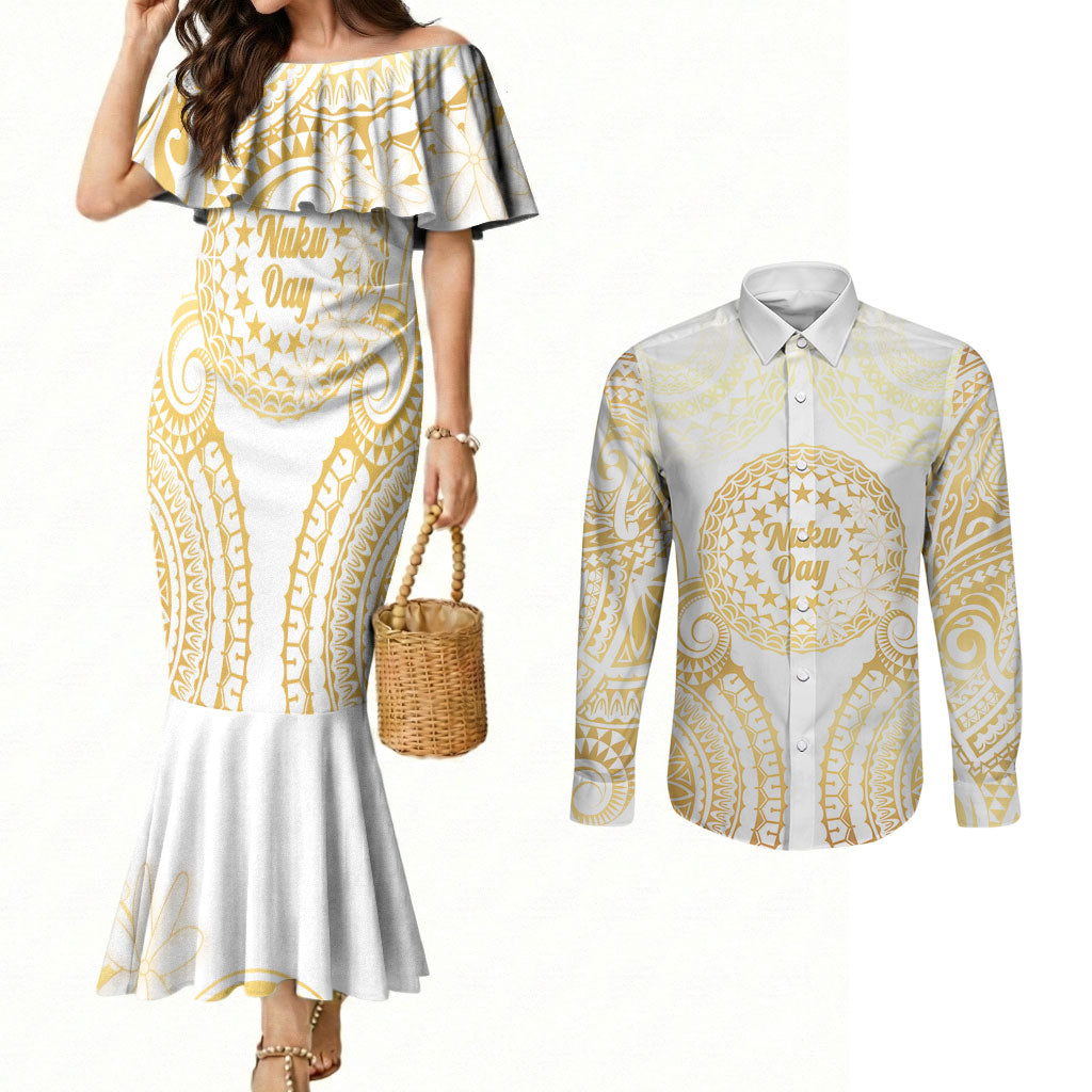 Cook Islands Gospel Day Couples Matching Mermaid Dress and Long Sleeve Button Shirt Happy Nuku Day Tiare Maori Gold LT14 Gold - Polynesian Pride