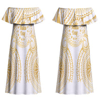 Cook Islands Gospel Day Couples Matching Off Shoulder Maxi Dress and Hawaiian Shirt Happy Nuku Day Tiare Maori Gold LT14 - Polynesian Pride