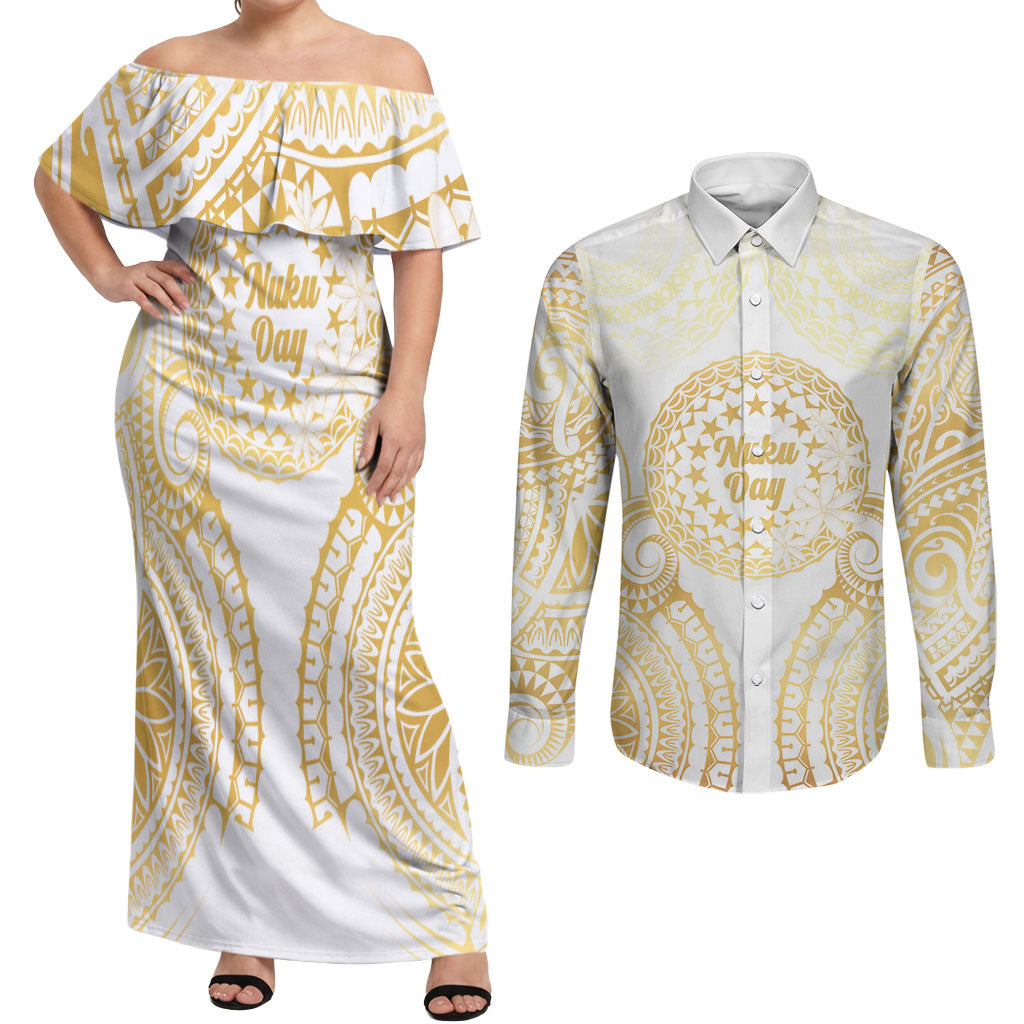 Cook Islands Gospel Day Couples Matching Off Shoulder Maxi Dress and Long Sleeve Button Shirt Happy Nuku Day Tiare Maori Gold LT14 Gold - Polynesian Pride