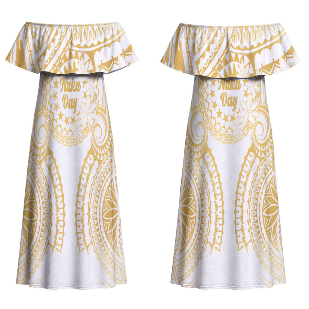 Cook Islands Gospel Day Couples Matching Off Shoulder Maxi Dress and Long Sleeve Button Shirt Happy Nuku Day Tiare Maori Gold LT14 - Polynesian Pride