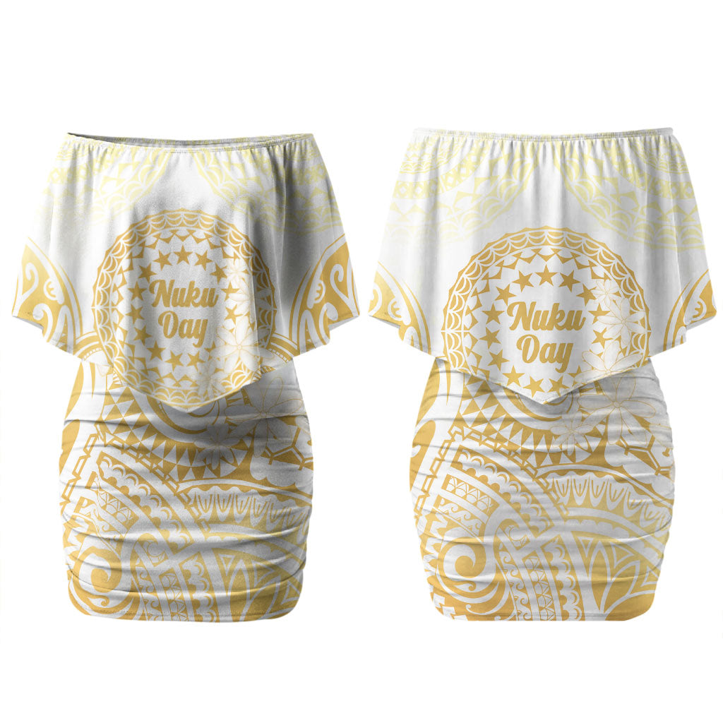 Cook Islands Gospel Day Couples Matching Off Shoulder Short Dress and Hawaiian Shirt Happy Nuku Day Tiare Maori Gold LT14 - Polynesian Pride