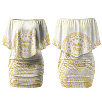 Cook Islands Gospel Day Couples Matching Off Shoulder Short Dress and Hawaiian Shirt Happy Nuku Day Tiare Maori Gold LT14 - Polynesian Pride