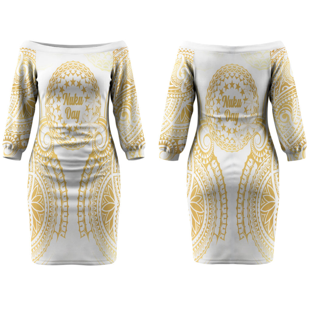 Cook Islands Gospel Day Couples Matching Off The Shoulder Long Sleeve Dress and Long Sleeve Button Shirt Happy Nuku Day Tiare Maori Gold LT14 - Polynesian Pride