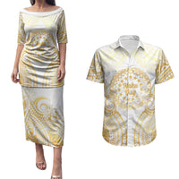 Cook Islands Gospel Day Couples Matching Puletasi and Hawaiian Shirt Happy Nuku Day Tiare Maori Gold LT14 Gold - Polynesian Pride