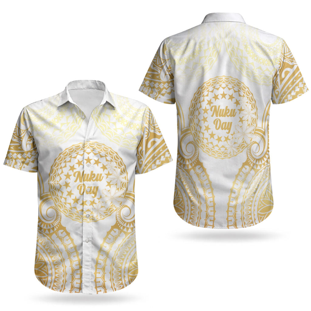 Cook Islands Gospel Day Couples Matching Short Sleeve Bodycon Dress and Hawaiian Shirt Happy Nuku Day Tiare Maori Gold LT14 - Polynesian Pride