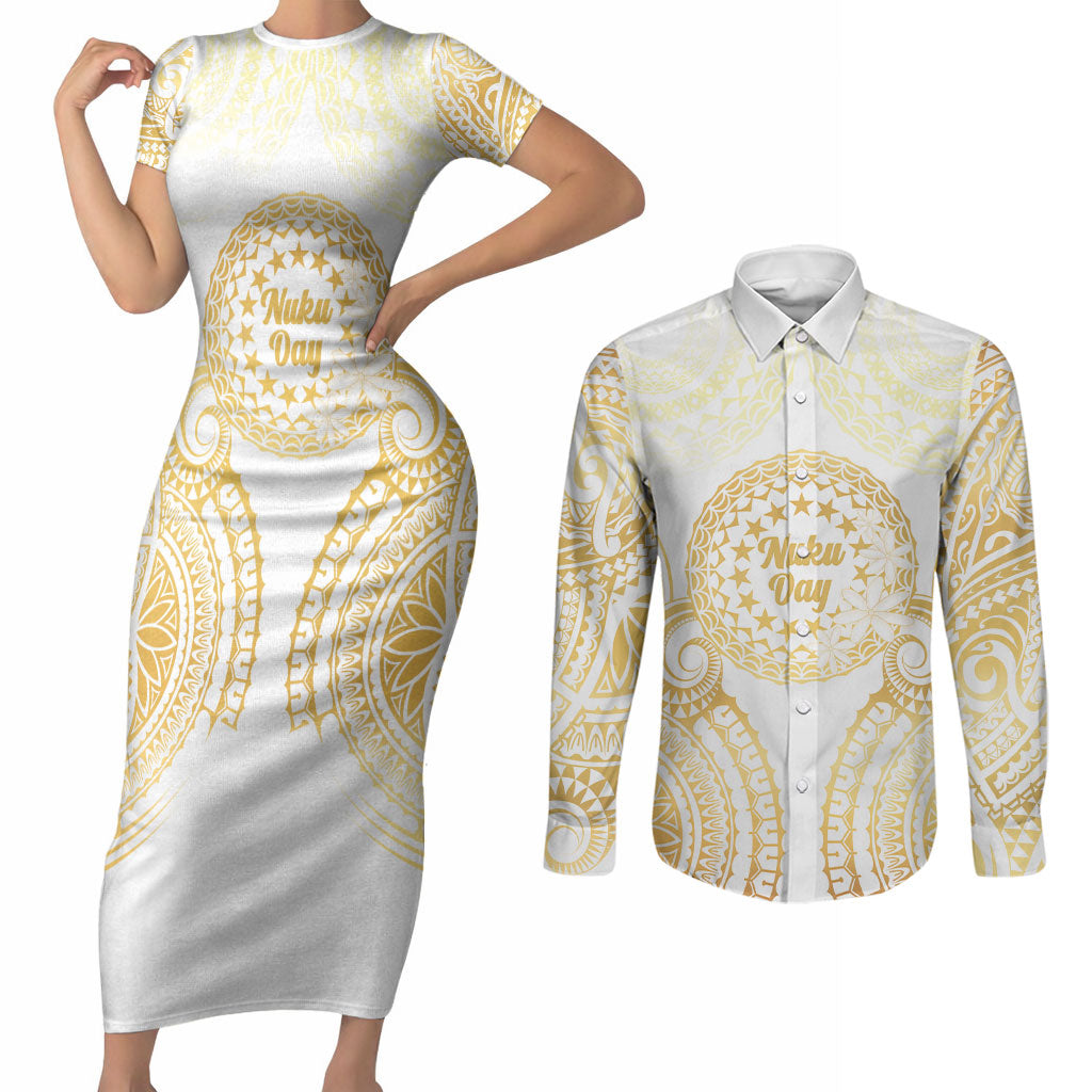 Cook Islands Gospel Day Couples Matching Short Sleeve Bodycon Dress and Long Sleeve Button Shirt Happy Nuku Day Tiare Maori Gold LT14 Gold - Polynesian Pride