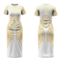 Cook Islands Gospel Day Couples Matching Short Sleeve Bodycon Dress and Long Sleeve Button Shirt Happy Nuku Day Tiare Maori Gold LT14 - Polynesian Pride