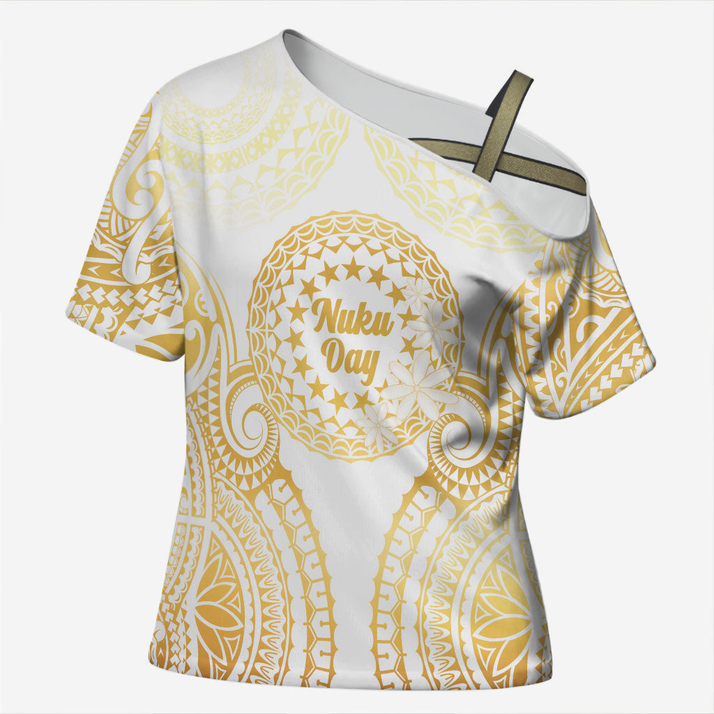 Cook Islands Gospel Day Cross Shoulder Shirt Happy Nuku Day Tiare Maori Gold LT14 Female Gold - Polynesian Pride