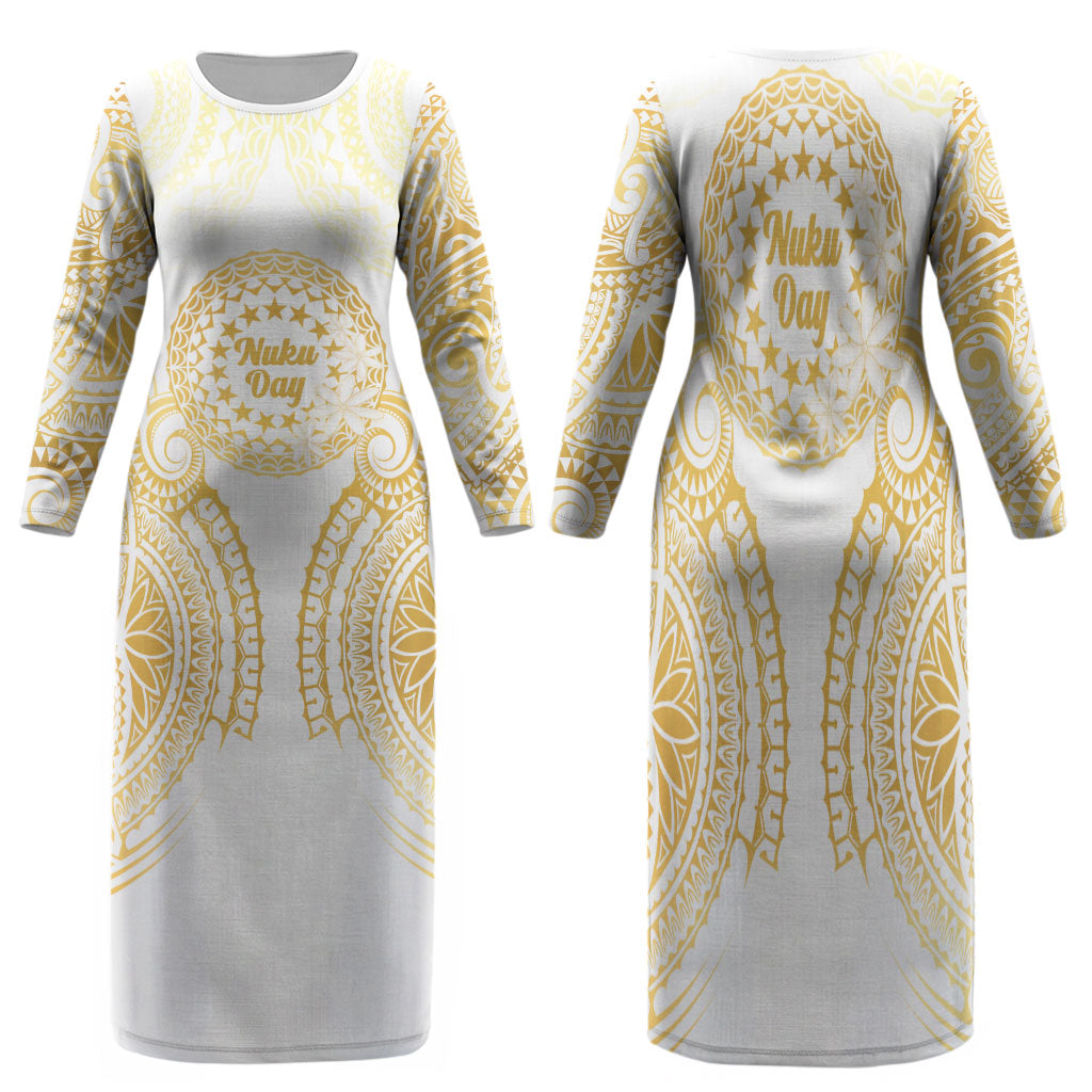 Cook Islands Gospel Day Family Matching Long Sleeve Bodycon Dress and Hawaiian Shirt Happy Nuku Day Tiare Maori Gold LT14 Mom's Dress Gold - Polynesian Pride