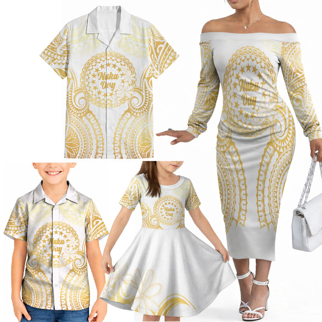 Cook Islands Gospel Day Family Matching Off The Shoulder Long Sleeve Dress and Hawaiian Shirt Happy Nuku Day Tiare Maori Gold LT14 - Polynesian Pride