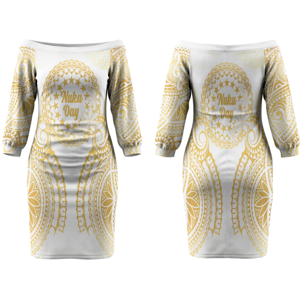 Cook Islands Gospel Day Family Matching Off The Shoulder Long Sleeve Dress and Hawaiian Shirt Happy Nuku Day Tiare Maori Gold LT14 Mom's Dress Gold - Polynesian Pride