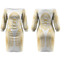 Cook Islands Gospel Day Family Matching Off The Shoulder Long Sleeve Dress and Hawaiian Shirt Happy Nuku Day Tiare Maori Gold LT14 Mom's Dress Gold - Polynesian Pride