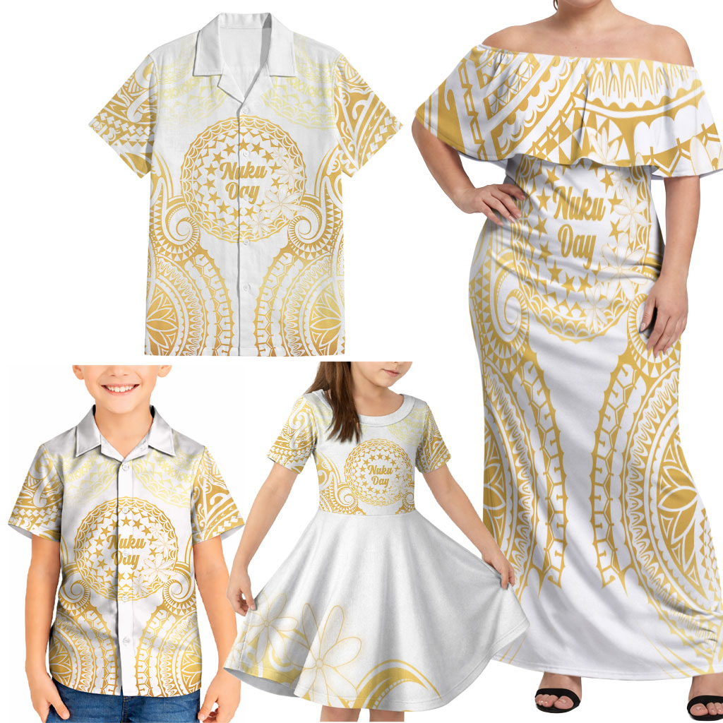 Cook Islands Gospel Day Family Matching Off Shoulder Maxi Dress and Hawaiian Shirt Happy Nuku Day Tiare Maori Gold LT14 - Polynesian Pride