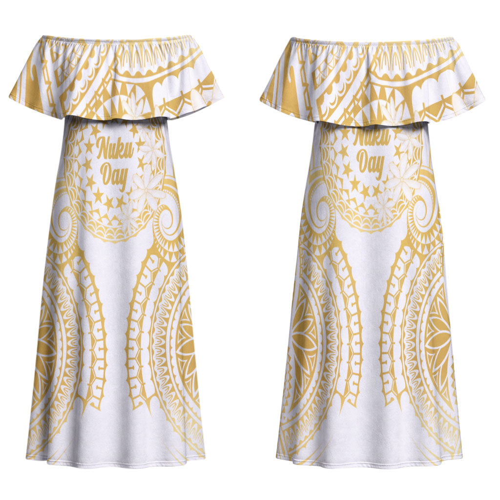 Cook Islands Gospel Day Family Matching Off Shoulder Maxi Dress and Hawaiian Shirt Happy Nuku Day Tiare Maori Gold LT14 Mom's Dress Gold - Polynesian Pride