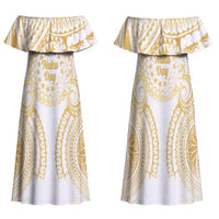 Cook Islands Gospel Day Family Matching Off Shoulder Maxi Dress and Hawaiian Shirt Happy Nuku Day Tiare Maori Gold LT14 Mom's Dress Gold - Polynesian Pride