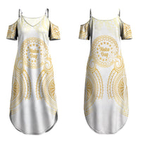Cook Islands Gospel Day Family Matching Summer Maxi Dress and Hawaiian Shirt Happy Nuku Day Tiare Maori Gold LT14 Mom's Dress Gold - Polynesian Pride
