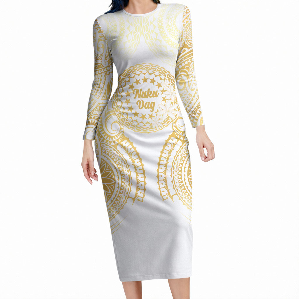 Cook Islands Gospel Day Long Sleeve Bodycon Dress Happy Nuku Day Tiare Maori Gold LT14 Long Dress Gold - Polynesian Pride
