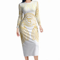 Cook Islands Gospel Day Long Sleeve Bodycon Dress Happy Nuku Day Tiare Maori Gold LT14 Long Dress Gold - Polynesian Pride