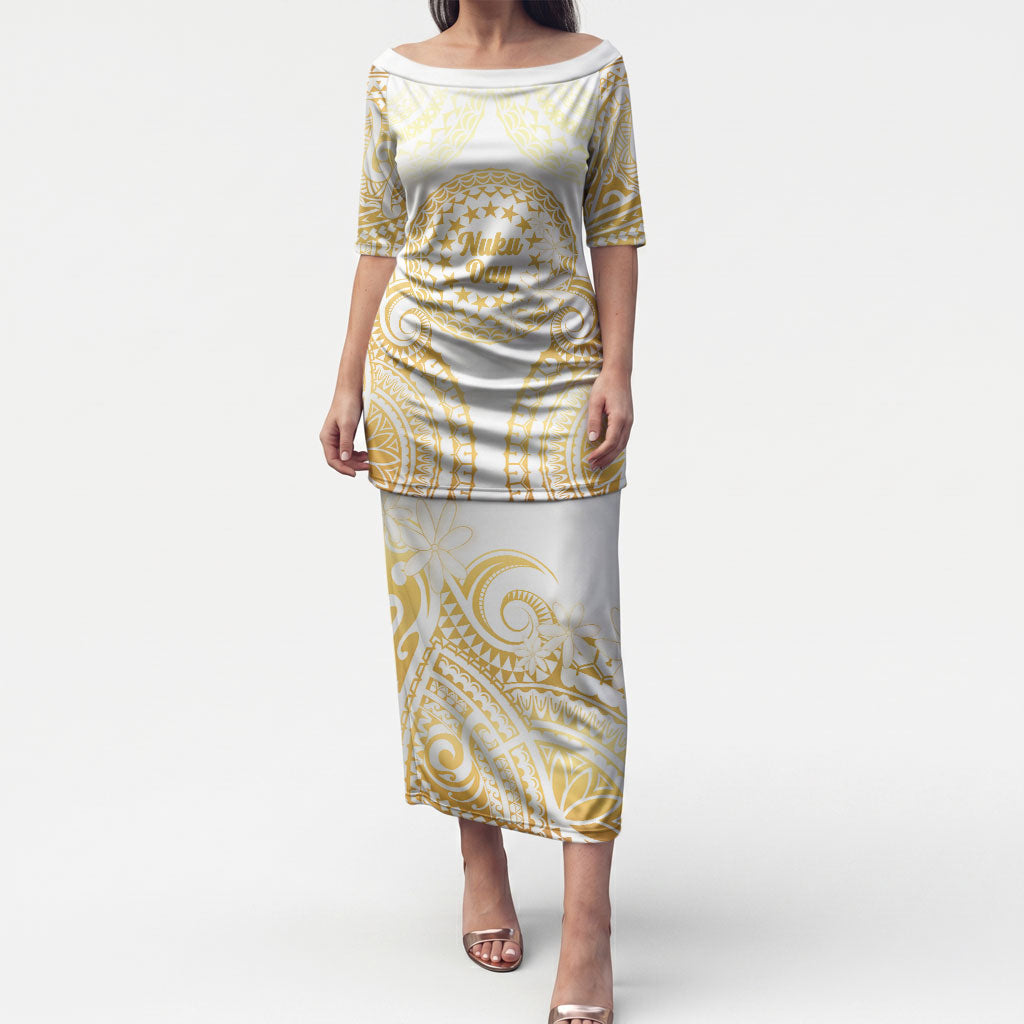 Cook Islands Gospel Day Puletasi Happy Nuku Day Tiare Maori Gold LT14 Long Dress Gold - Polynesian Pride