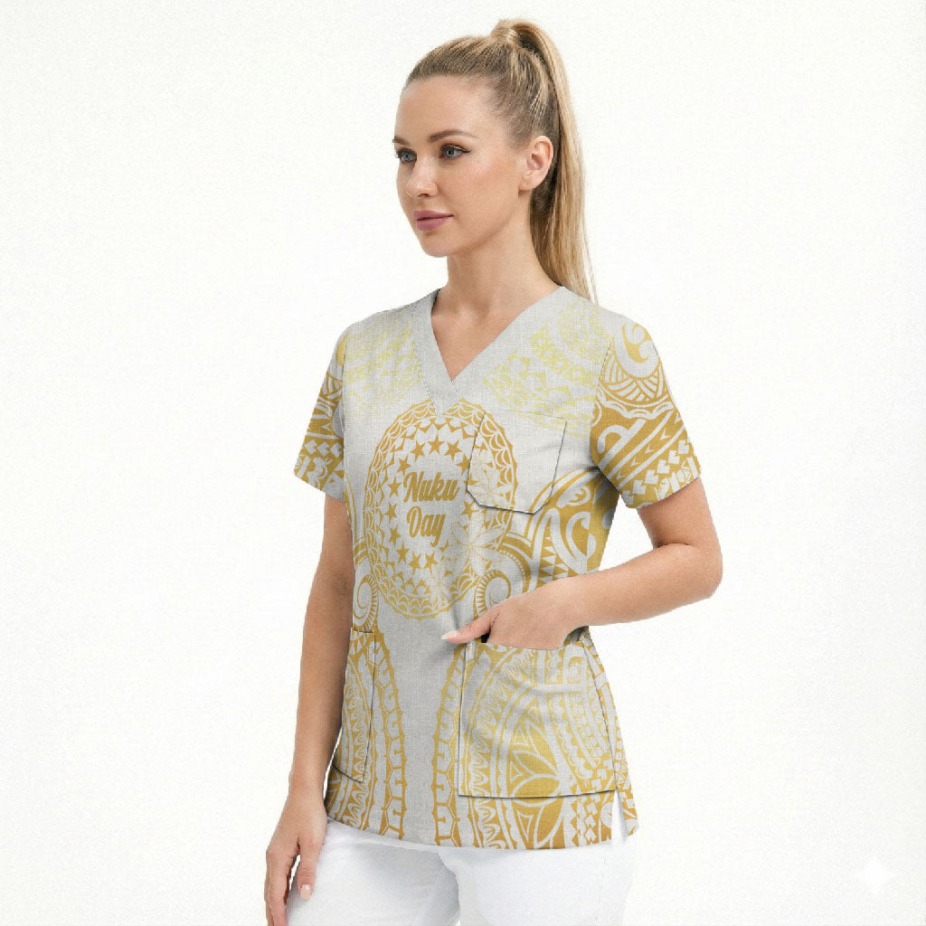 Cook Islands Gospel Day Scrub Top Happy Nuku Day Tiare Maori Gold LT14 - Polynesian Pride