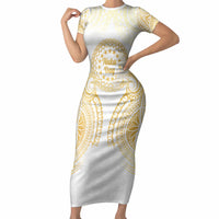 Cook Islands Gospel Day Short Sleeve Bodycon Dress Happy Nuku Day Tiare Maori Gold LT14 Long Dress Gold - Polynesian Pride