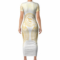 Cook Islands Gospel Day Short Sleeve Bodycon Dress Happy Nuku Day Tiare Maori Gold LT14 - Polynesian Pride