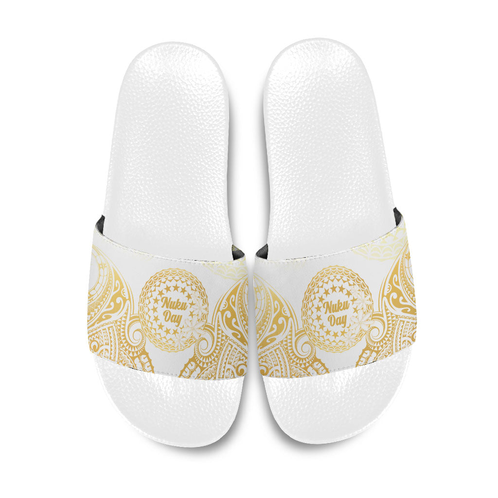 Cook Islands Gospel Day Slide Sandals Happy Nuku Day Tiare Maori Gold LT14 Gold - Polynesian Pride