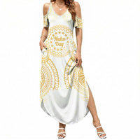Cook Islands Gospel Day Summer Maxi Dress Happy Nuku Day Tiare Maori Gold LT14 Women Gold - Polynesian Pride