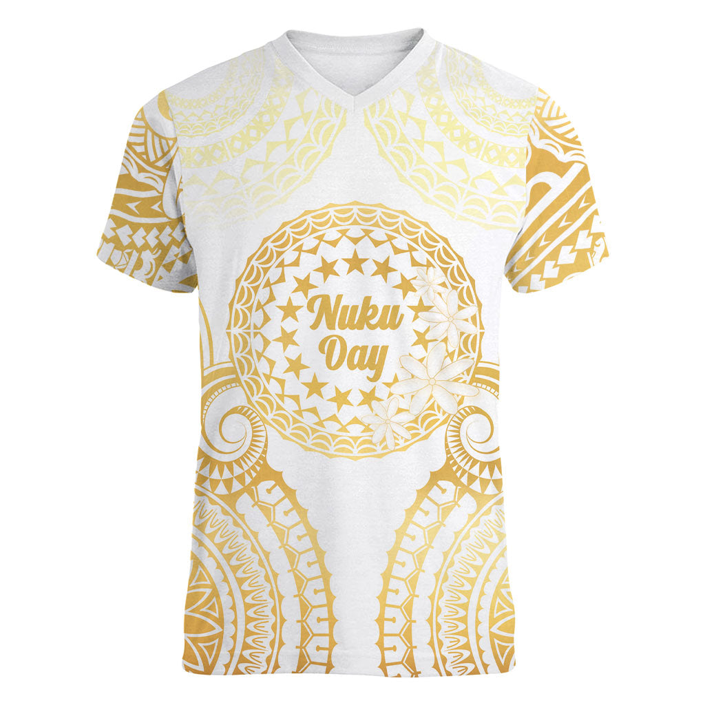 Cook Islands Gospel Day Women V-Neck T-Shirt Happy Nuku Day Tiare Maori Gold LT14 Female Gold - Polynesian Pride