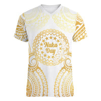 Cook Islands Gospel Day Women V-Neck T-Shirt Happy Nuku Day Tiare Maori Gold LT14 Female Gold - Polynesian Pride
