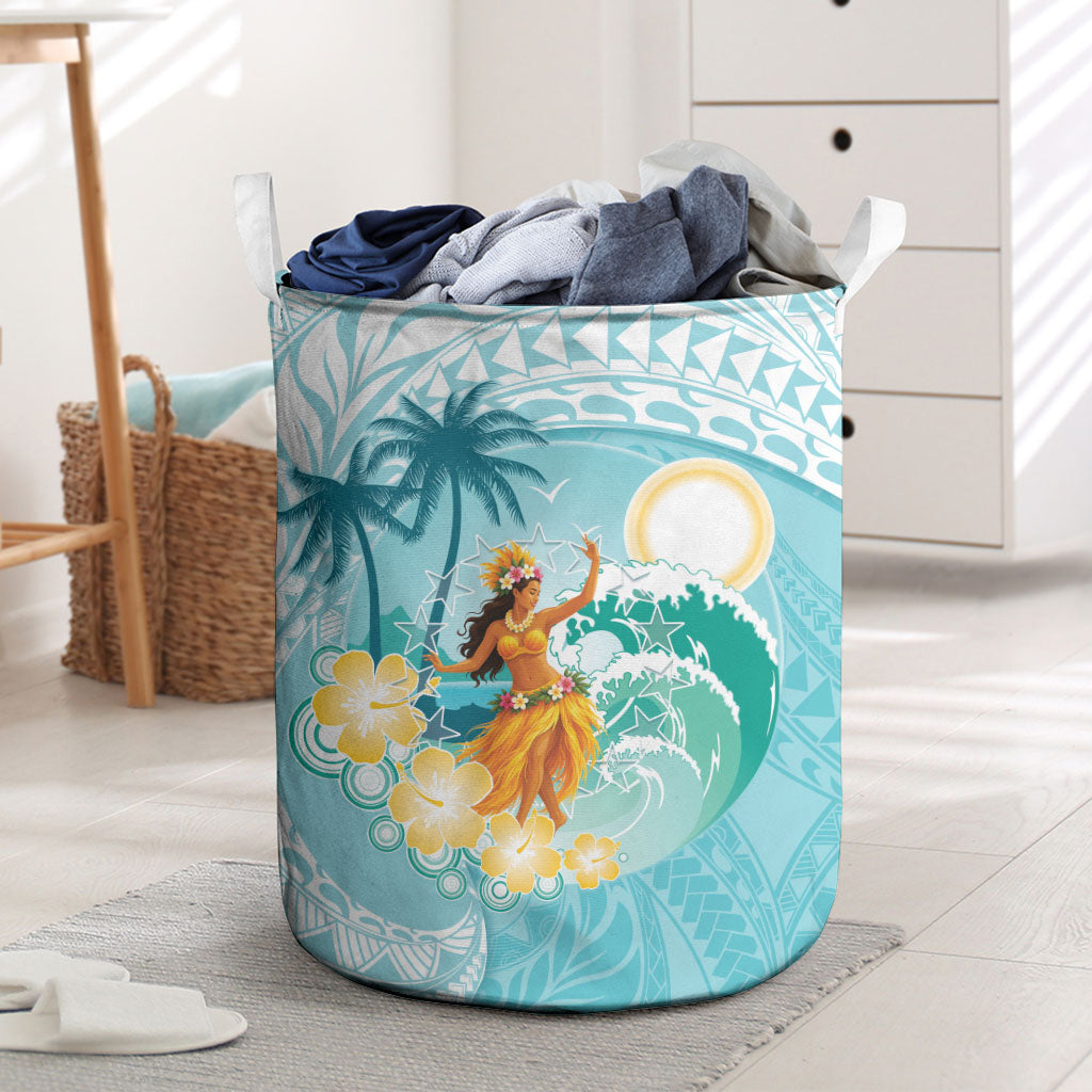 Ura Cook Islands Laundry Basket Kuki 'Airani Traditional Dance Tropical Vibes LT14 Cyan - Polynesian Pride