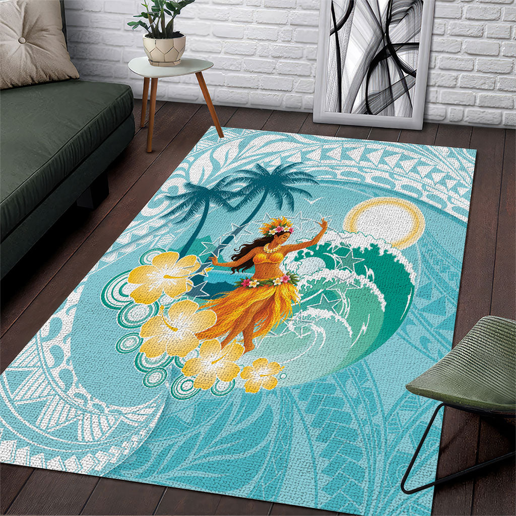 Ura Cook Islands Area Rug Kuki 'Airani Traditional Dance Tropical Vibes LT14 Cyan - Polynesian Pride
