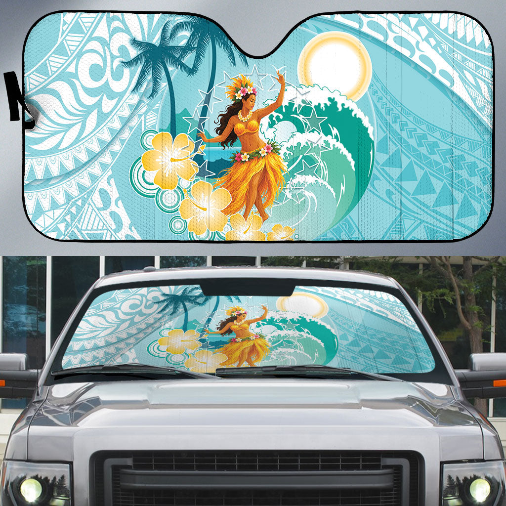 Ura Cook Islands Auto Sun Shade Kuki 'Airani Traditional Dance Tropical Vibes LT14 Cyan - Polynesian Pride