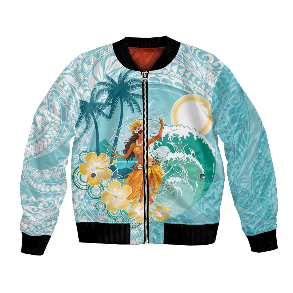 Ura Cook Islands Bomber Jacket Kuki 'Airani Traditional Dance Tropical Vibes LT14 Unisex Cyan - Polynesian Pride