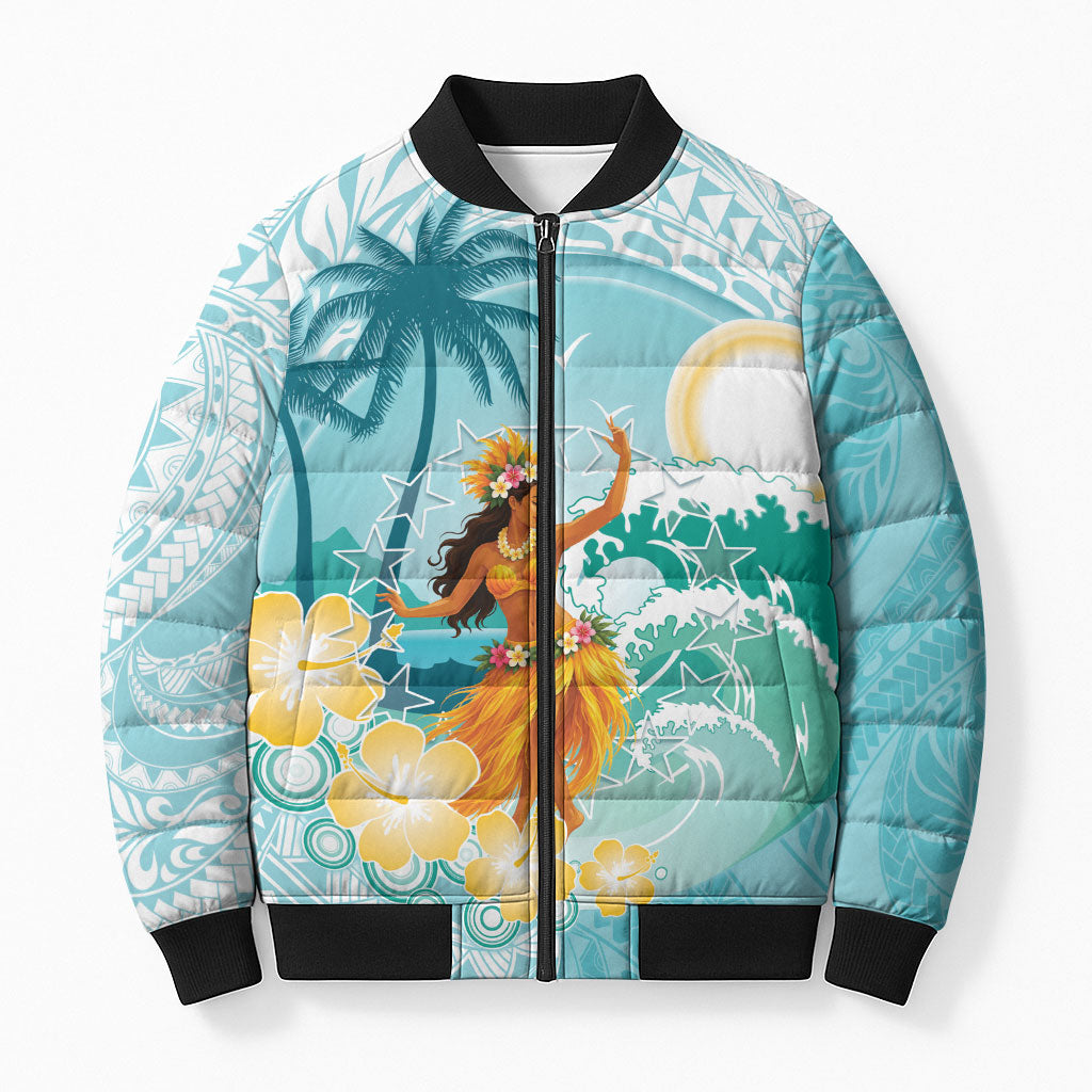 Ura Cook Islands Bomber Puffer Jacket Kuki 'Airani Traditional Dance Tropical Vibes LT14 Unisex Cyan - Polynesian Pride