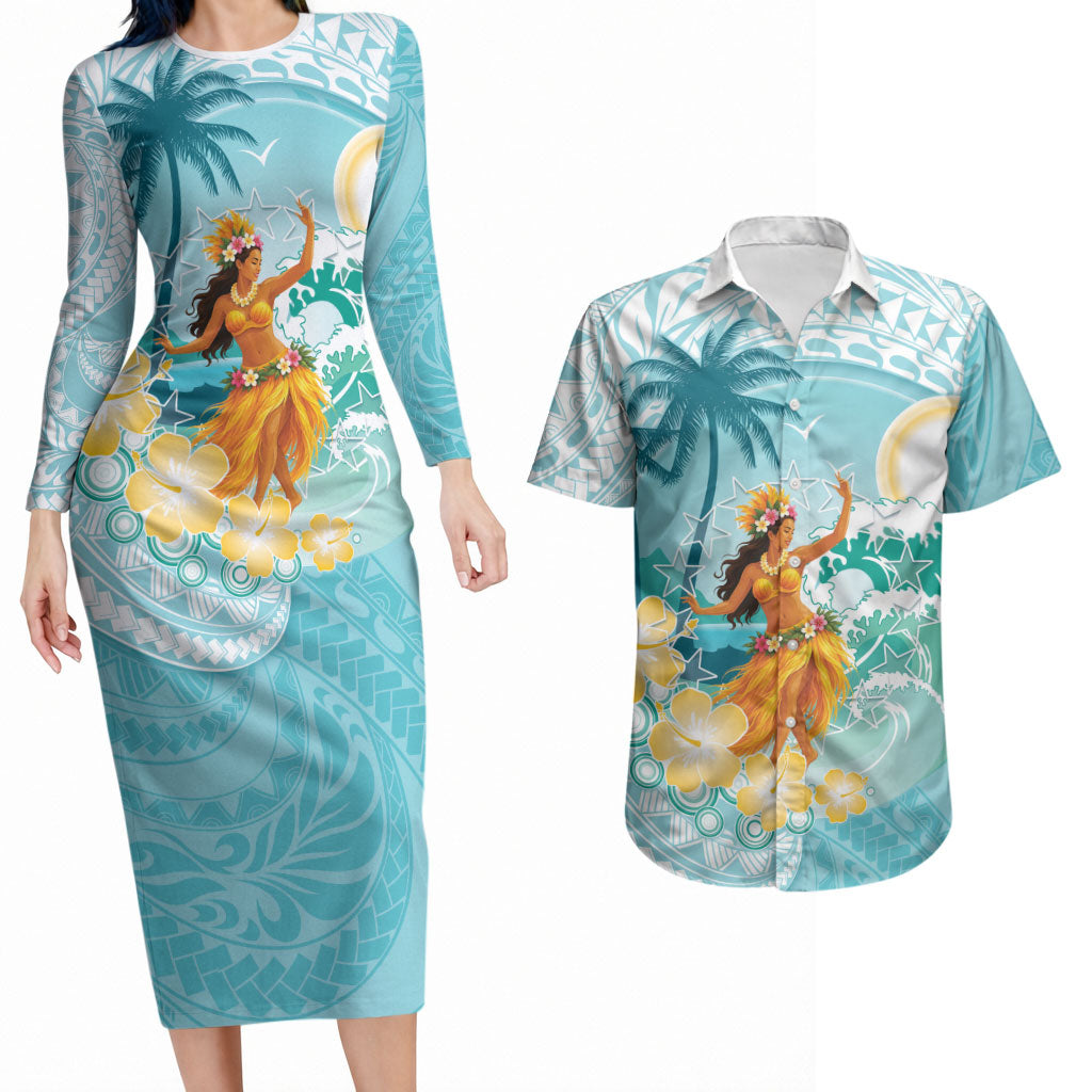 Ura Cook Islands Couples Matching Long Sleeve Bodycon Dress and Hawaiian Shirt Kuki 'Airani Traditional Dance Tropical Vibes LT14 Cyan - Polynesian Pride