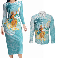 Ura Cook Islands Couples Matching Long Sleeve Bodycon Dress and Long Sleeve Button Shirt Kuki 'Airani Traditional Dance Tropical Vibes LT14 Cyan - Polynesian Pride