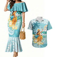 Ura Cook Islands Couples Matching Mermaid Dress and Hawaiian Shirt Kuki 'Airani Traditional Dance Tropical Vibes LT14 Cyan - Polynesian Pride