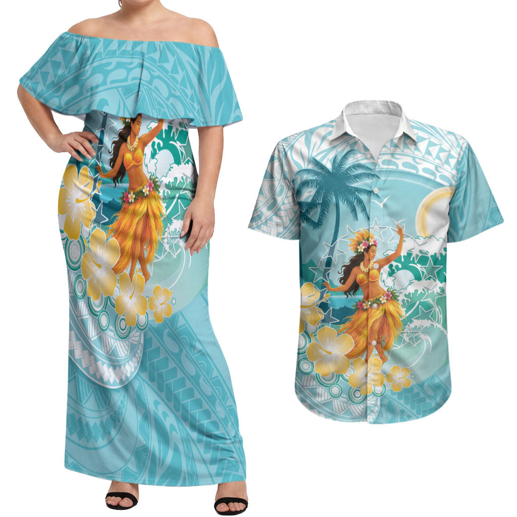 Ura Cook Islands Couples Matching Off Shoulder Maxi Dress and Hawaiian Shirt Kuki 'Airani Traditional Dance Tropical Vibes LT14 Cyan - Polynesian Pride