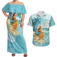 Ura Cook Islands Couples Matching Off Shoulder Maxi Dress and Hawaiian Shirt Kuki 'Airani Traditional Dance Tropical Vibes LT14 Cyan - Polynesian Pride