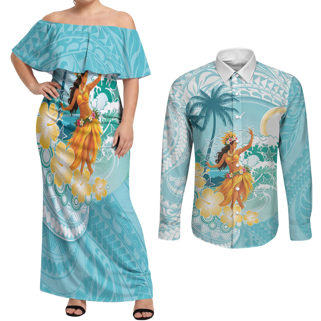 Ura Cook Islands Couples Matching Off Shoulder Maxi Dress and Long Sleeve Button Shirt Kuki 'Airani Traditional Dance Tropical Vibes LT14 Cyan - Polynesian Pride