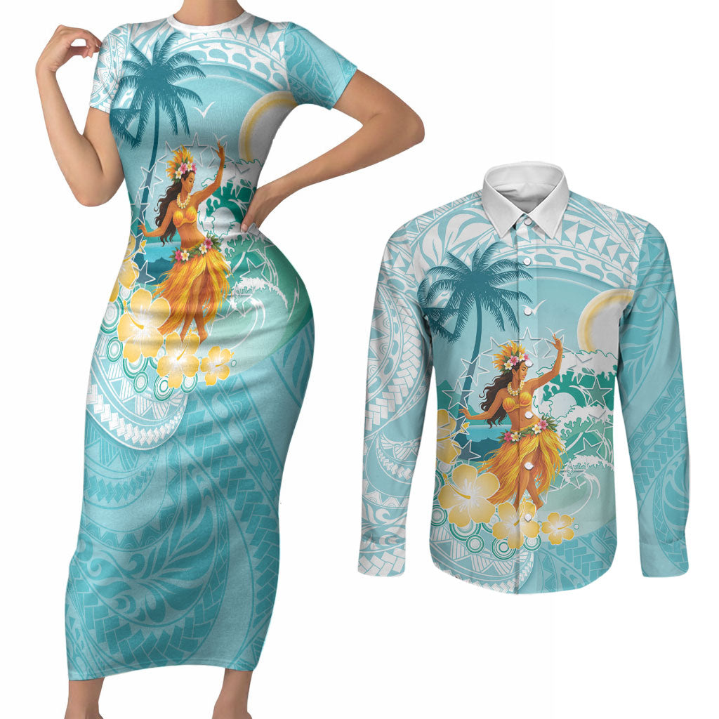 Ura Cook Islands Couples Matching Short Sleeve Bodycon Dress and Long Sleeve Button Shirt Kuki 'Airani Traditional Dance Tropical Vibes LT14 Cyan - Polynesian Pride