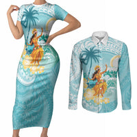 Ura Cook Islands Couples Matching Short Sleeve Bodycon Dress and Long Sleeve Button Shirt Kuki 'Airani Traditional Dance Tropical Vibes LT14 Cyan - Polynesian Pride