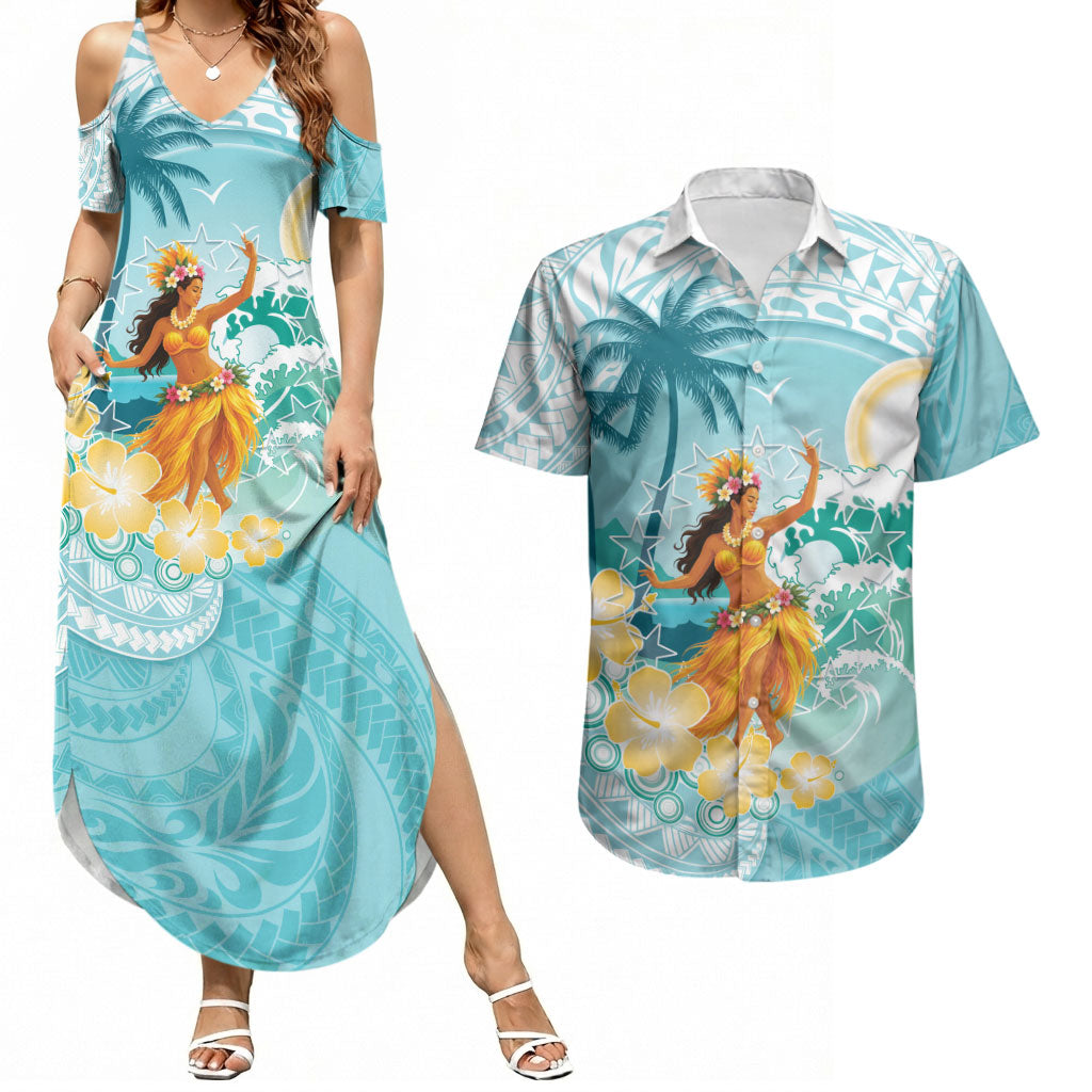 Ura Cook Islands Couples Matching Summer Maxi Dress and Hawaiian Shirt Kuki 'Airani Traditional Dance Tropical Vibes LT14 Cyan - Polynesian Pride
